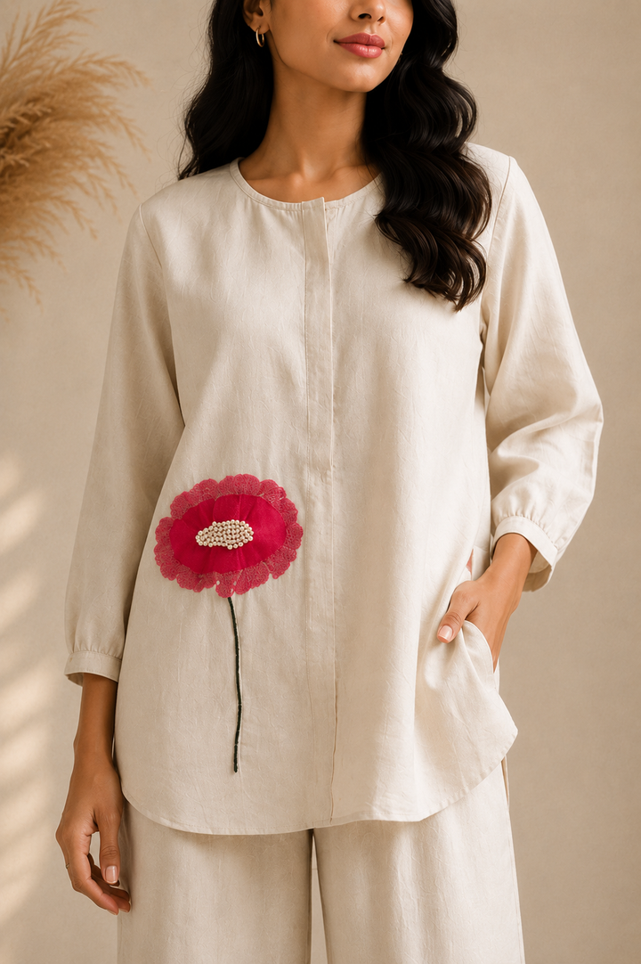 Ivory Linen Coord Set with Floral Appliqué Detail