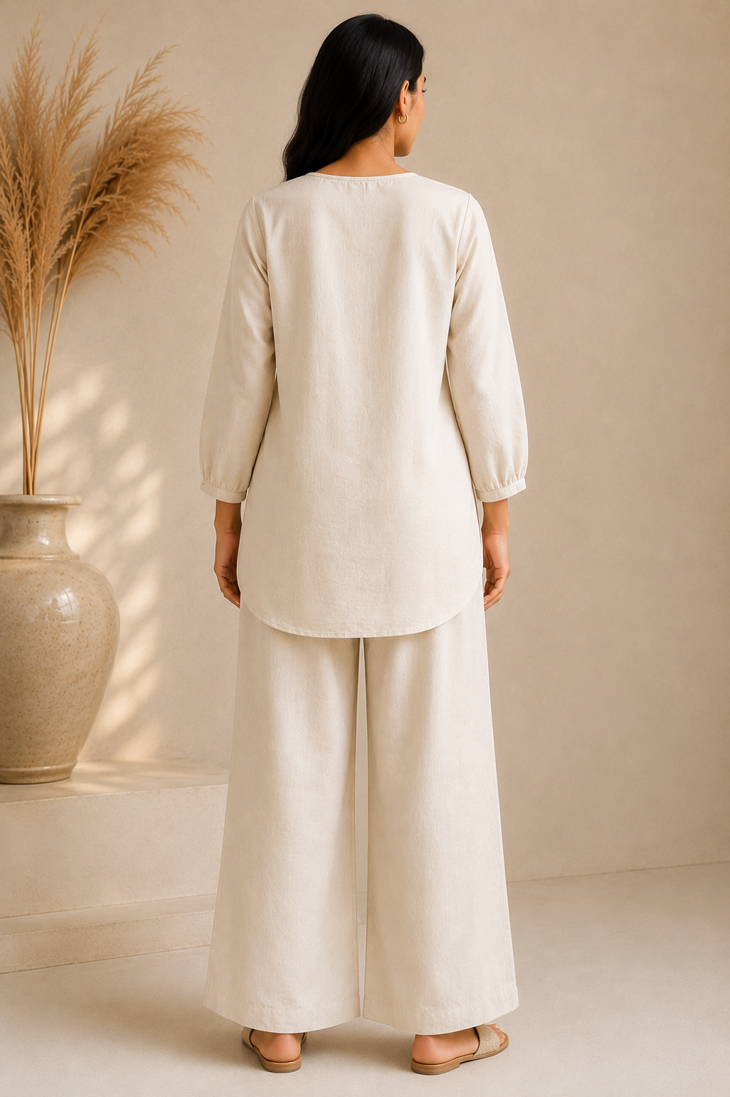 Ivory Linen Coord Set with Floral Appliqué Detail