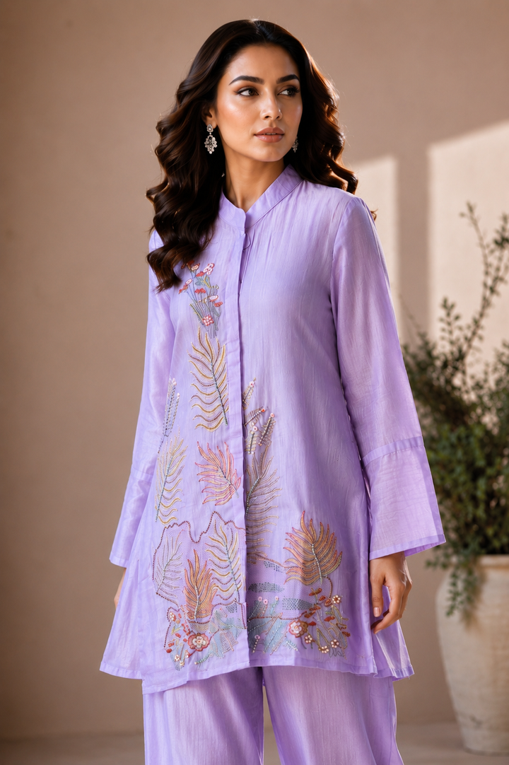 Lavender Mul Chanderi Embroidered Coord Set