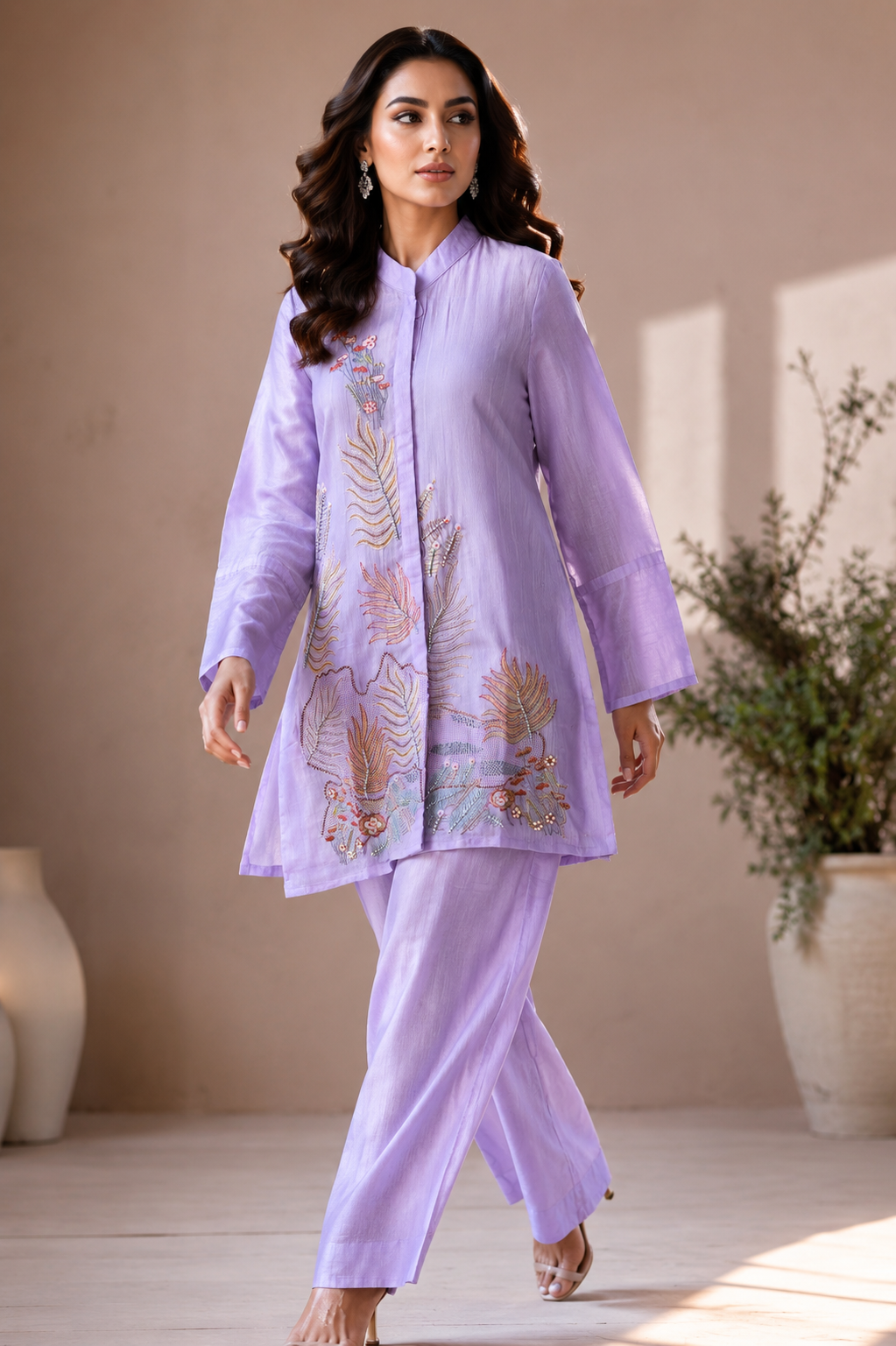 Lavender Mul Chanderi Embroidered Coord Set