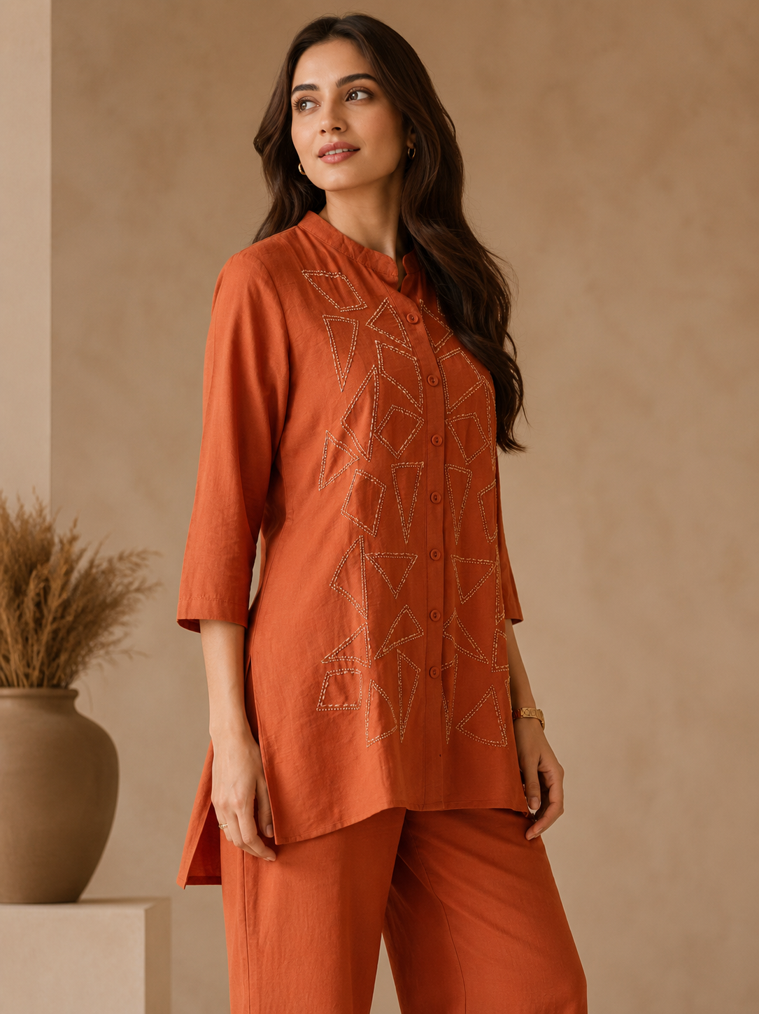 Rust Linen Embroidered Coord Set