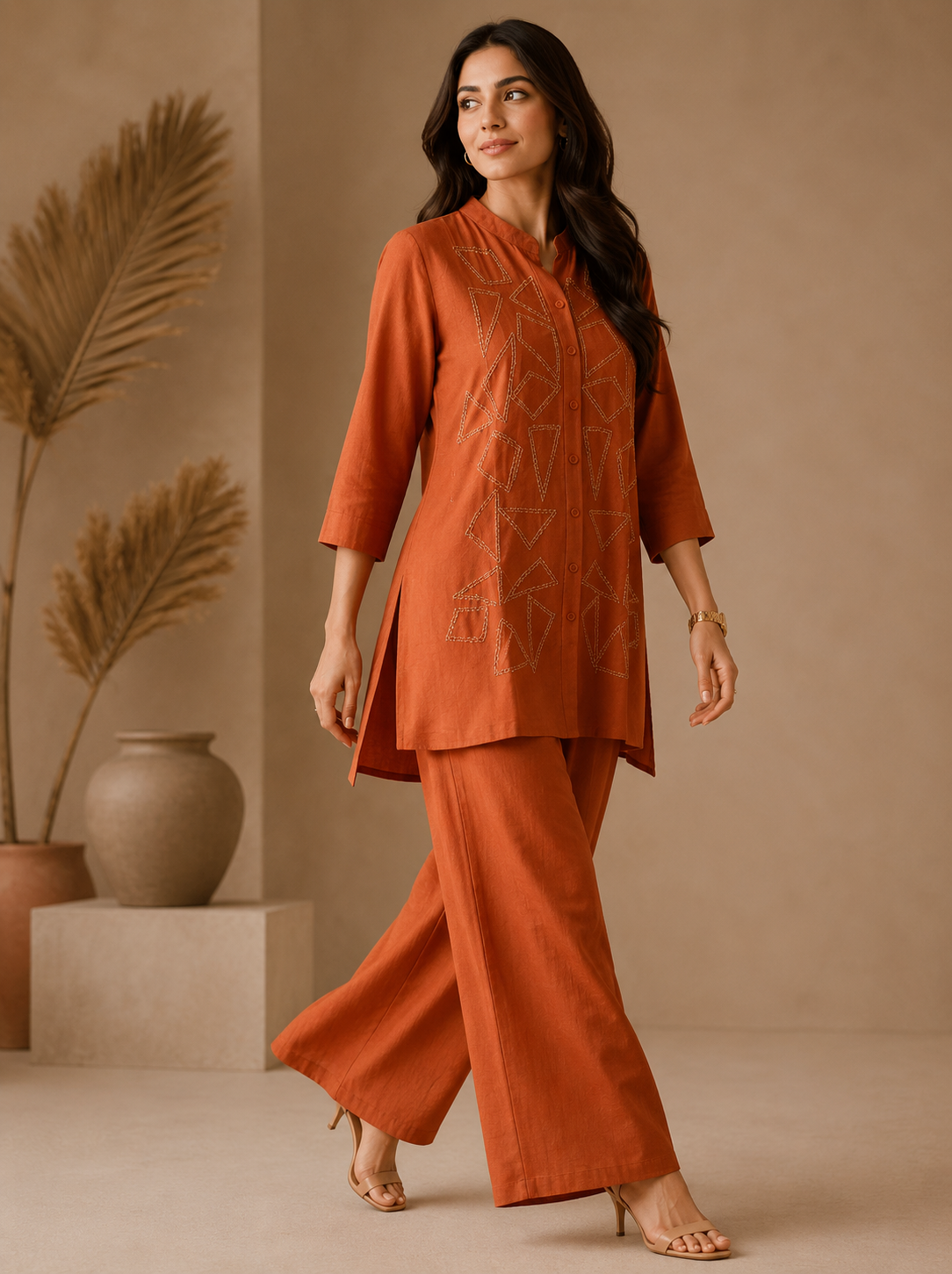 Rust Linen Embroidered Coord Set