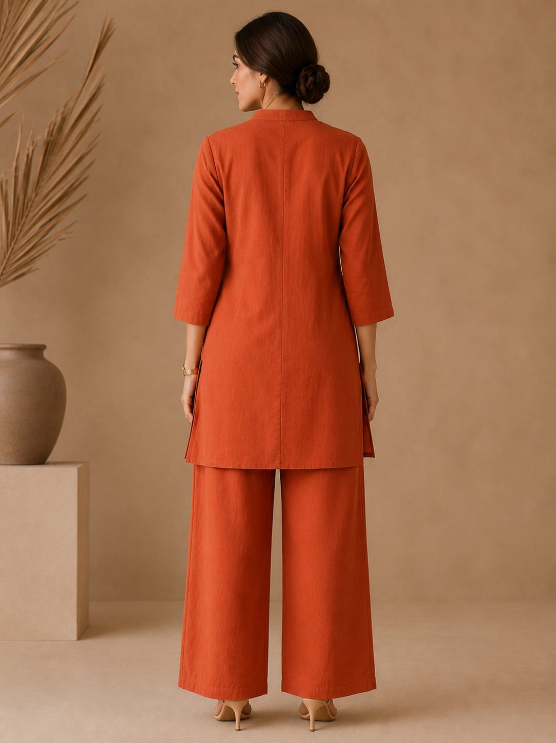 Rust Linen Embroidered Coord Set