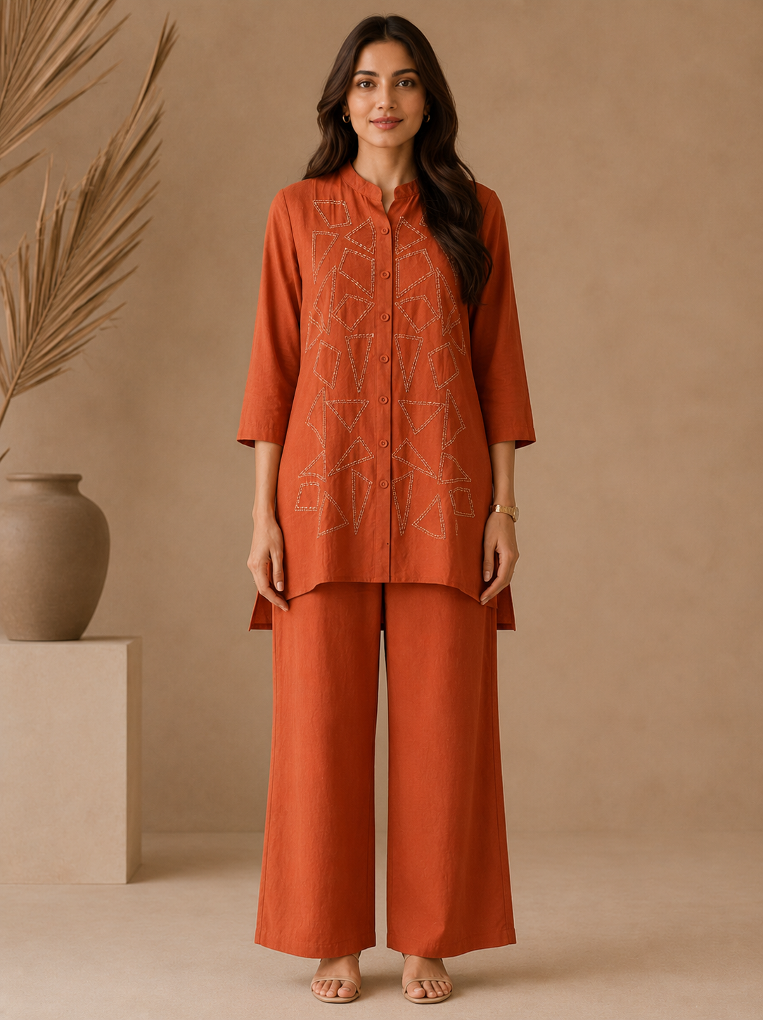 Rust Linen Embroidered Coord Set